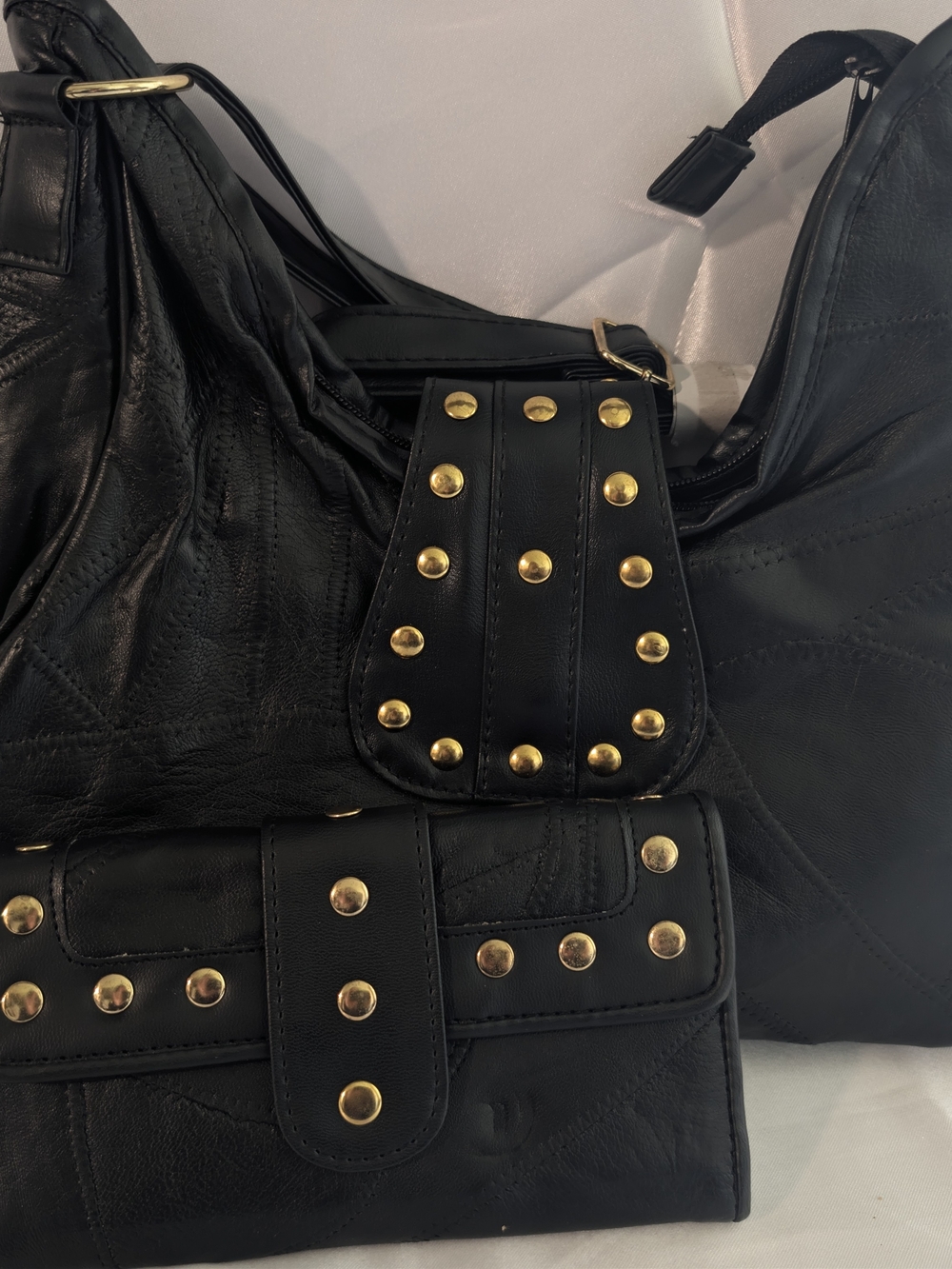 Y2K VTG Deadstock Genuine Patchwork Leather Studded Shoulder Bag Hobo Purse Wall